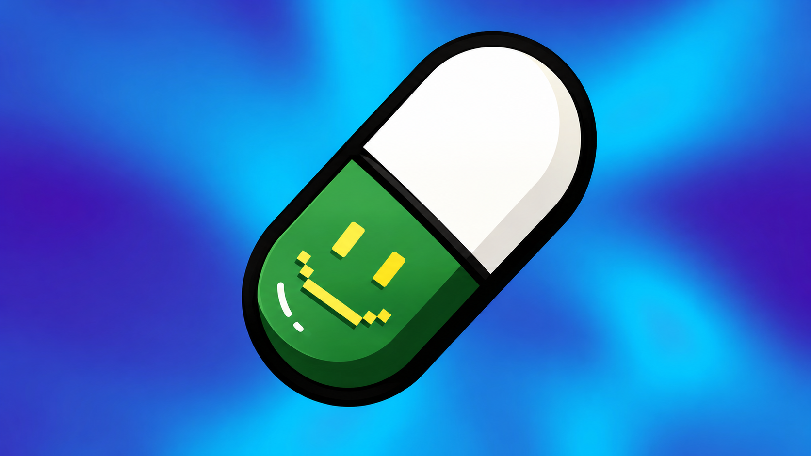 Pimpr — pixel-smile pill mascot on electric blue